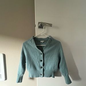 Japanese brand PLST 95% wool 5% cashmere crop button muted blue cardigan
